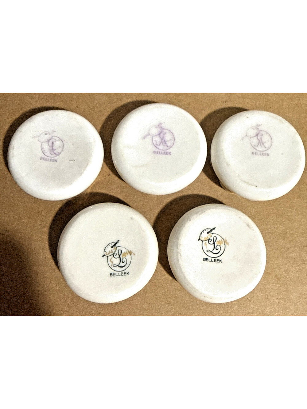 Vintage Belleek Open Salt Dish 5pc Set White Porcelain with Gold Rim - Picture 7 of 9